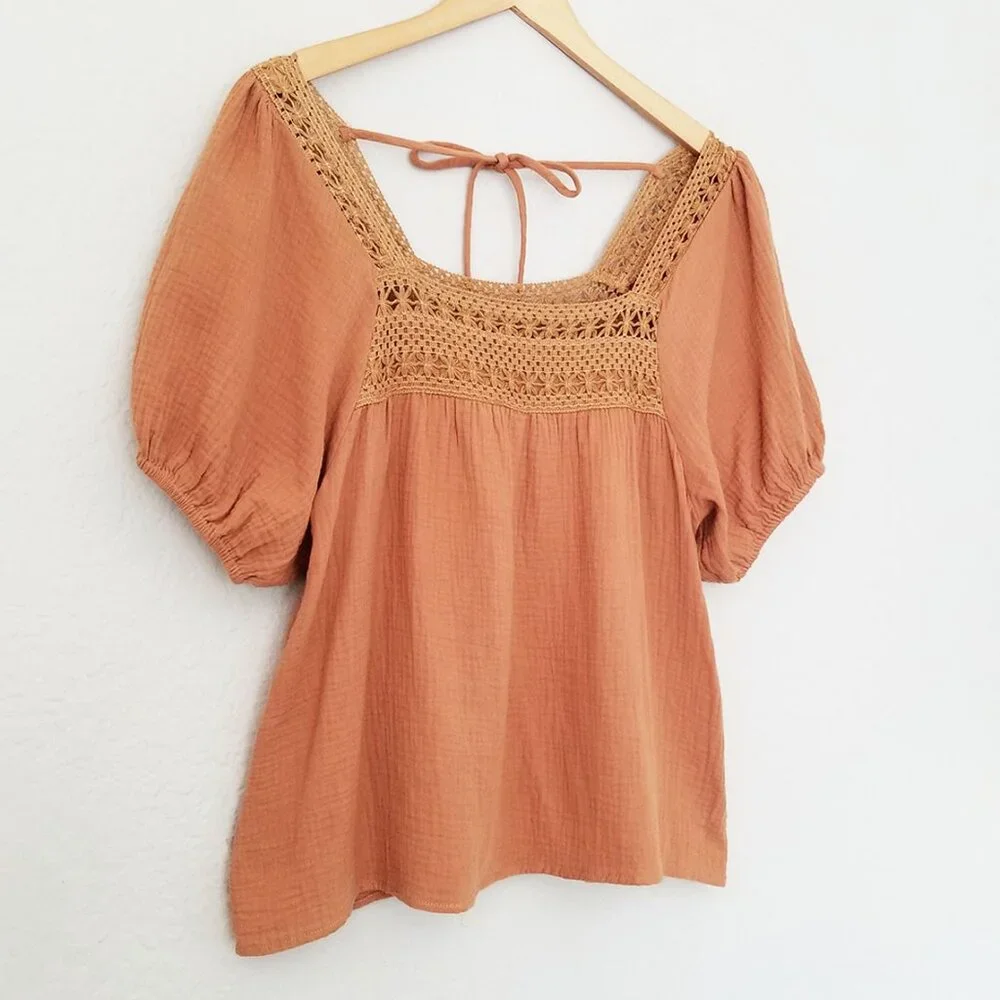 Bluivy Women's S Boho Crochet Lace Puff Sleeves Blouse Square Neck Camel Cotton - Picture 6 of 14